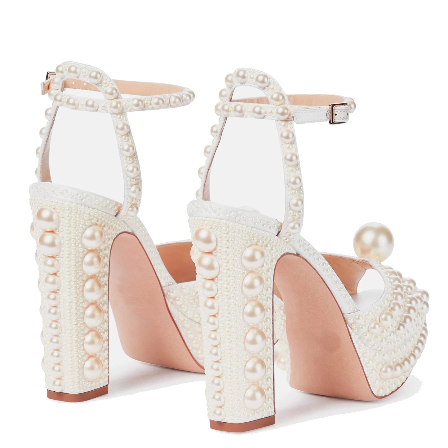 Pearl Heels for Women Peep Toe Chunky Heel Sandals