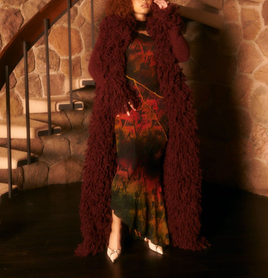 Fringed knitted long coat