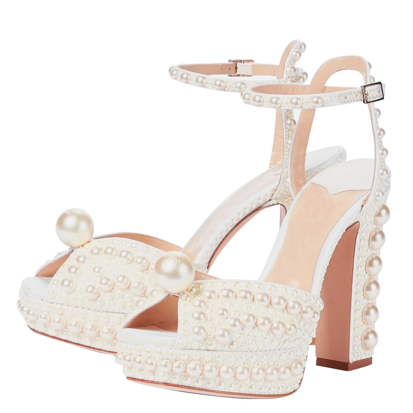 Pearl Heels for Women Peep Toe Chunky Heel Sandals