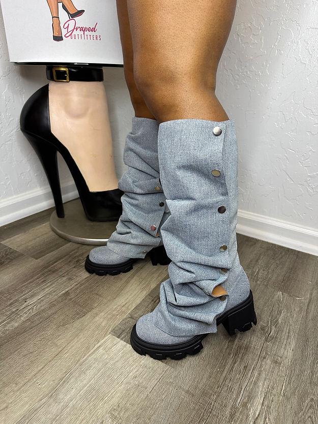 Detachable denim mid-calf boots