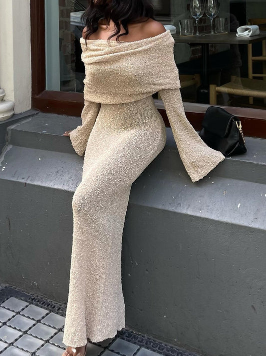 Off-the-shoulder knitted midi dress