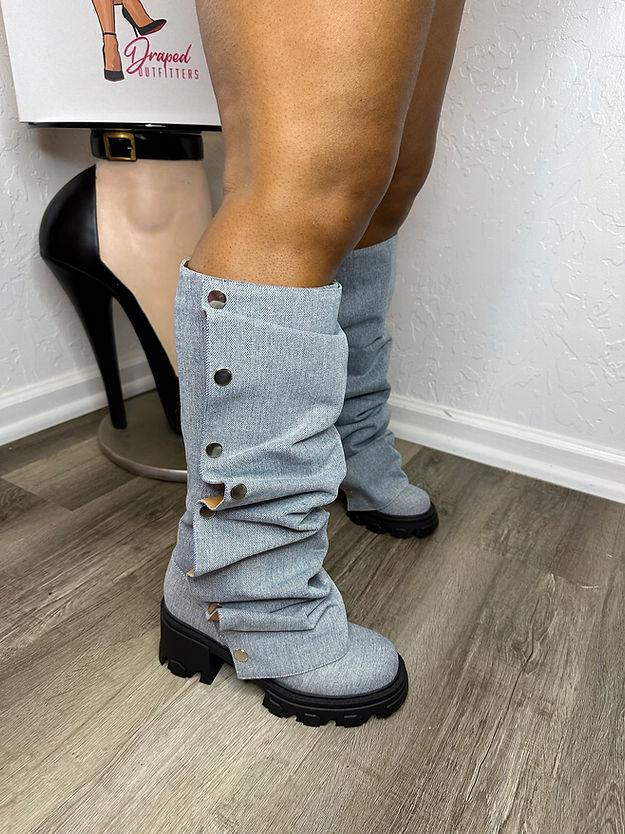 Detachable denim mid-calf boots