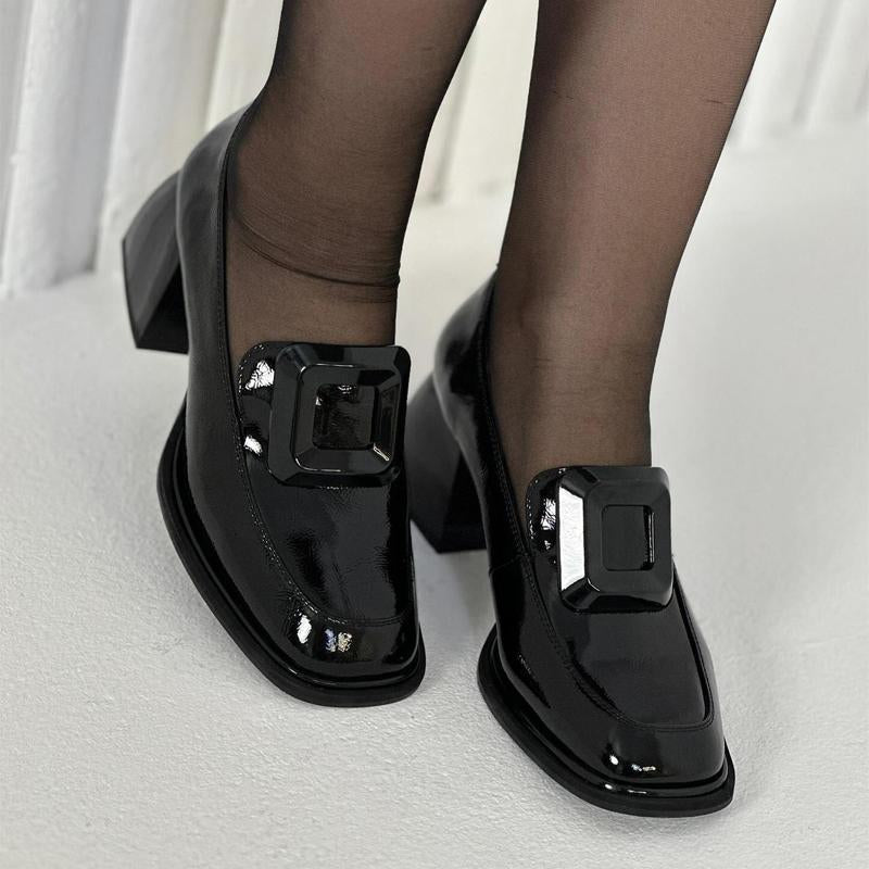 Women's Shallow Square Toe Thick Heel Patent Leather Shoes