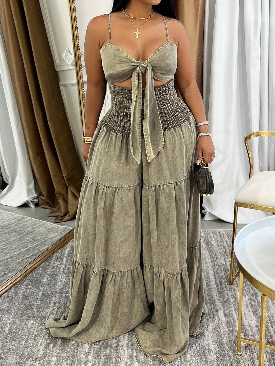 Denim Cutout Wide Leg Sling Jumpsuit