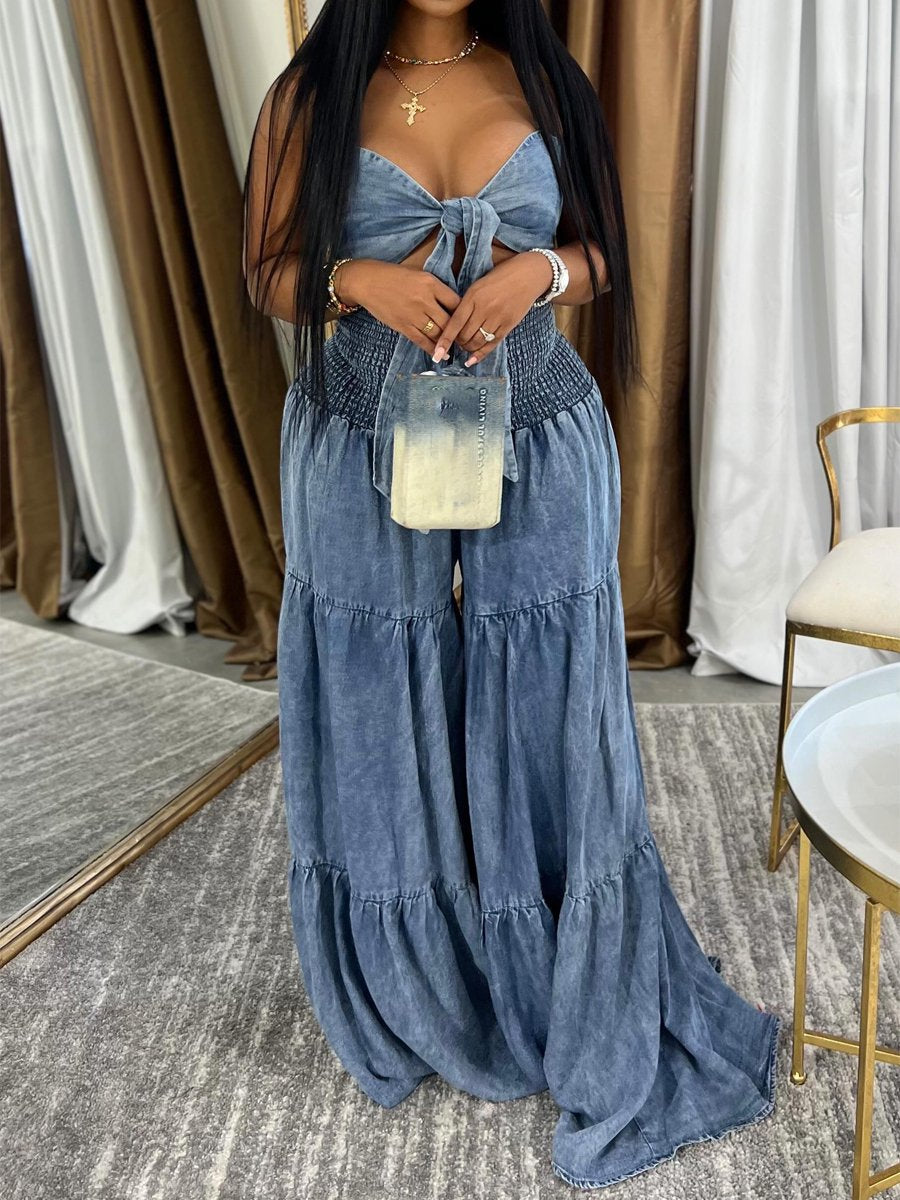 Denim Cutout Wide Leg Sling Jumpsuit