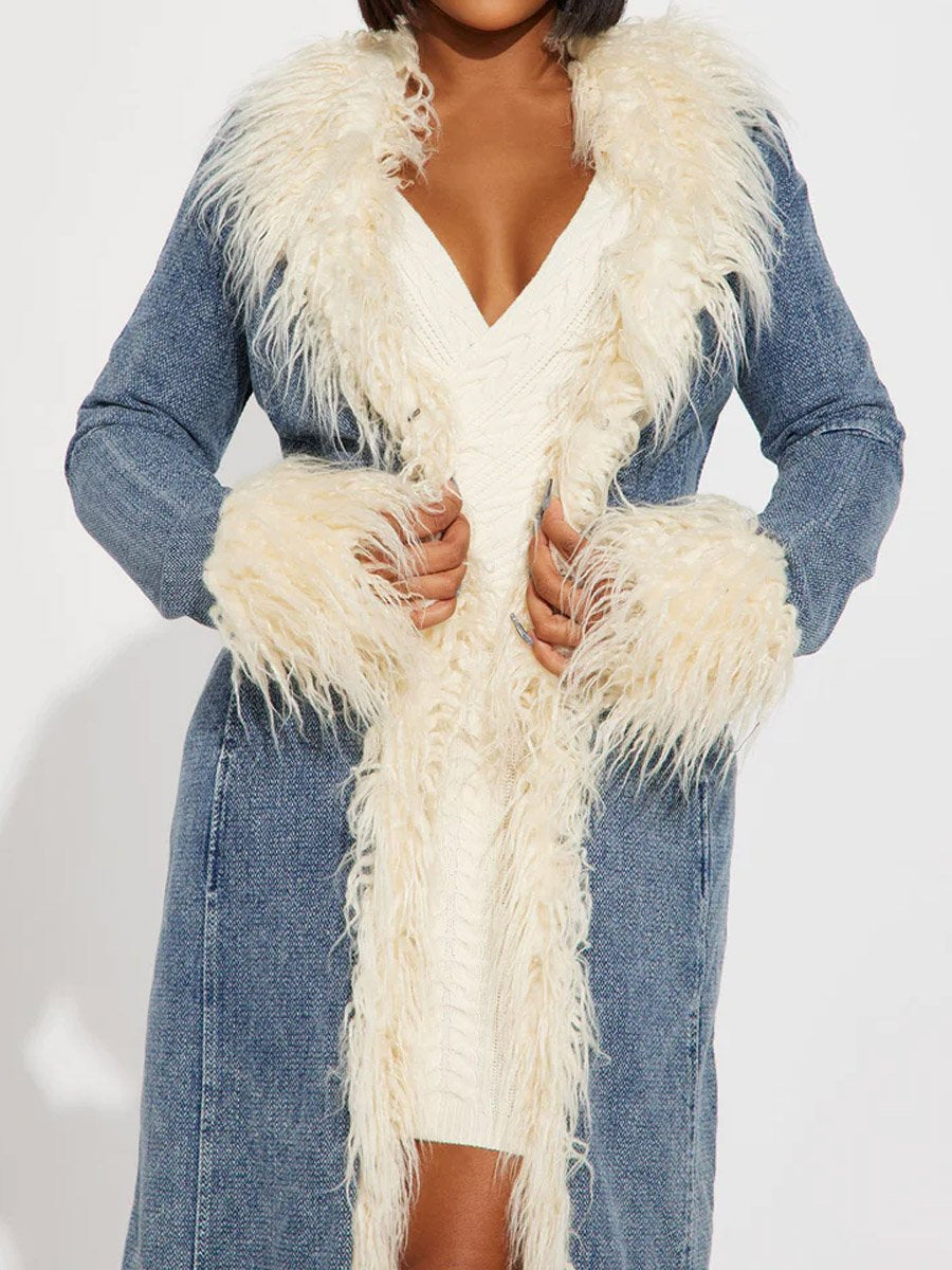 Faux Fur Trim Long Sleeve Denim Coat