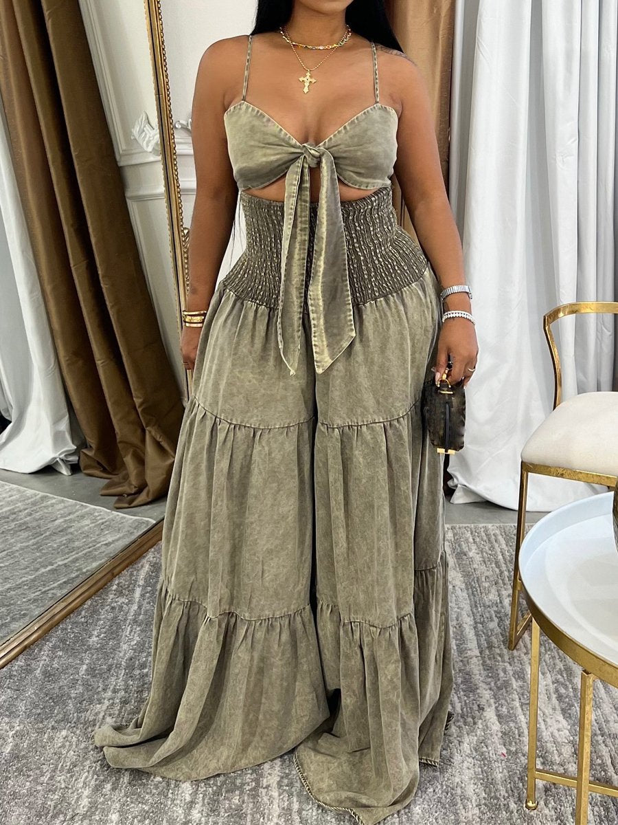 Denim Cutout Wide Leg Sling Jumpsuit