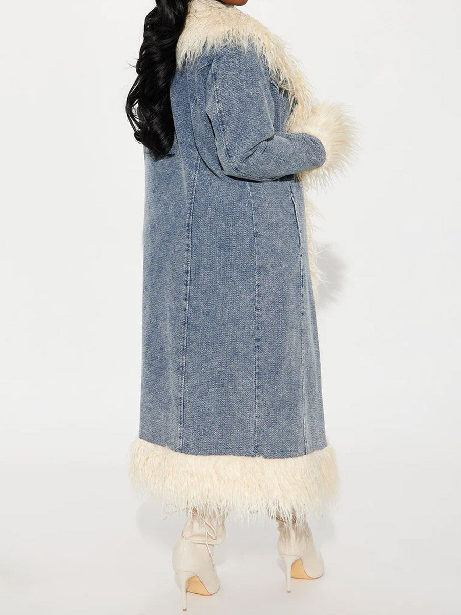 Faux Fur Trim Long Sleeve Denim Coat