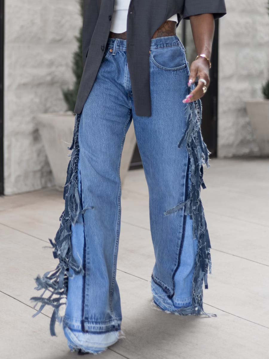 Fashion Denim Wide Leg Fringe Jeans