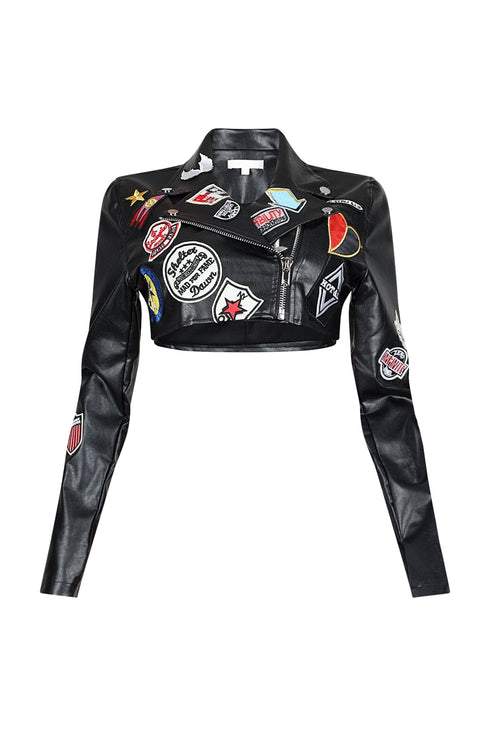 Biker style hot girl cropped embroidered leather jacket